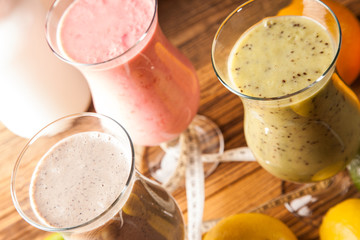Healthy diet, protein shakes and fruits