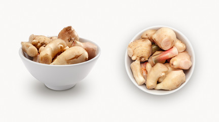 Ginger isolated on white background, view from front and top.