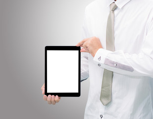 Businessman standing posture hand holding blank tablet isolated