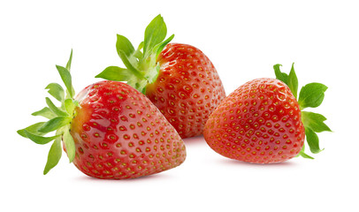 Three strawberries horizontal composition isolated on white back