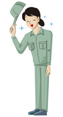 帽子をとって挨拶する女性作業員