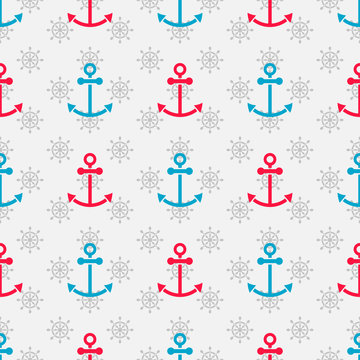 Seamless sea pattern with anchors and hand wheels