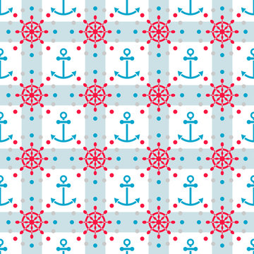 Seamless sea pattern with anchors and hand wheels