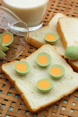 fresh milk and bread plate with chocolate green.