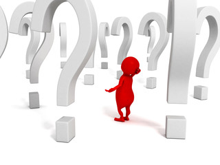 3d human person with many question marks