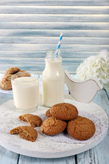 Milk and cookies on tray on table