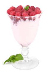 Tasty raspberry dessert with berries, isolated on white