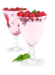 Tasty raspberry dessert with berries, isolated on white