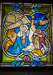 Stained glass window, Christmas scene, the birth of Jesus Christ