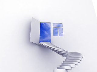 Exit with stairway, door and window. Concept - eco house.