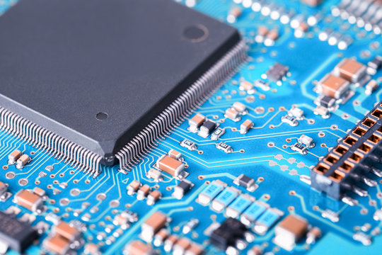 processor and blue circuit board closeup