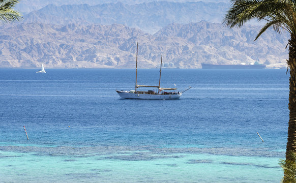 View on the Aqaba gulf from north beach of Eilat