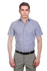 Male model with shirt isolated on white