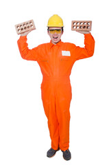 Man with brick isolated on white