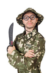 Funny soldier with knife on white