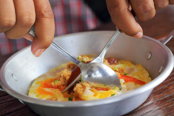 Breakfast with fried eggs pan