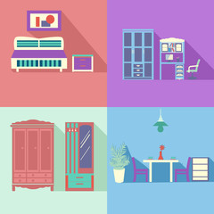 Flat icons set of Set Interior in flat style with long shadow  -
