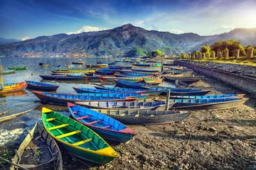 Peel and stick wall murals Nepal Boats in Pokhara lake
