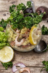 Vegetable salad with shrimps, sea breeze