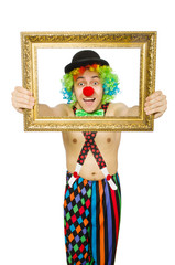 Clown with picture frame isolated on white