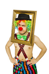 Clown with picture frame isolated on white