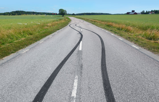 Tire print on the asphalt road