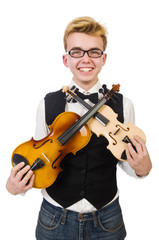 Funny man with violin on white