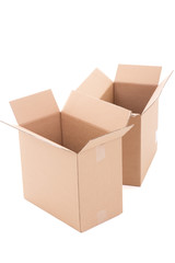 two open brown corrugated cardboard boxes over white