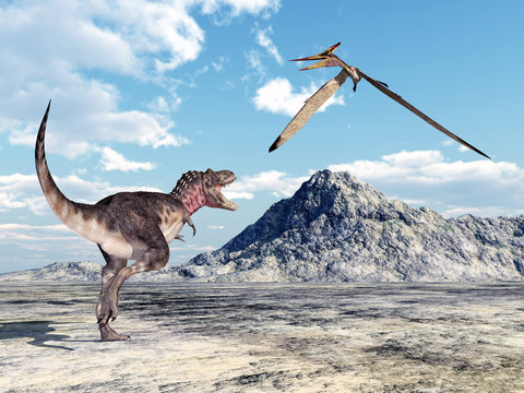 Dinosaur Tarbosaurus and Pterosaur Pteranodon
