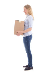 young woman holding cardboard moving box