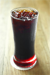 close up cold cherry juice in long glass