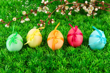 Colorful eastern eggs on  grass background