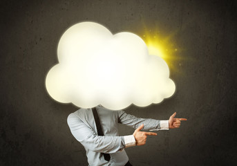 Young business man in shirt and tie with a sunny cloud head