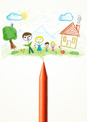 Crayon close-up with a drawing of a family