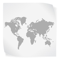 World map over white paper sticker isolated on white