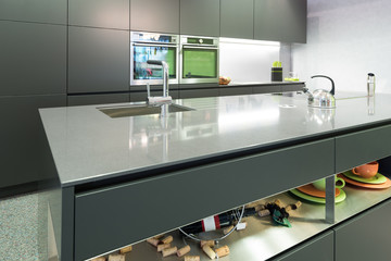 anthracite modern kitchen with oven and steamer with island