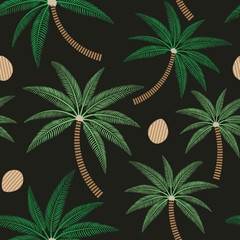 Palm trees and coconuts seamless pattern on dark background - 67456168