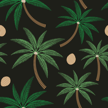 Palm trees and coconuts seamless pattern on dark background