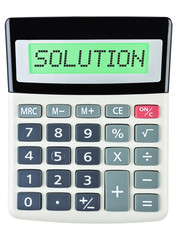 Calculator with SOLUTION on display on white background
