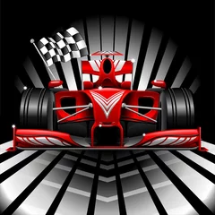 Photo sur Plexiglas Dessiner Voiture de course rouge de Formule 1 et drapeau à damier