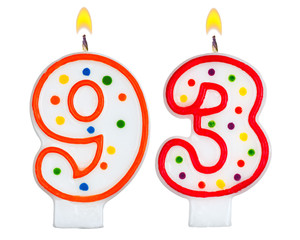Birthday candles number ninety three isolated on white