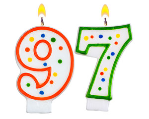 Birthday candles number ninety seven isolated on white
