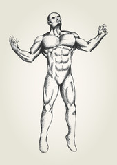 Fototapeta na wymiar Sketch of muscular man with open arms, looking up