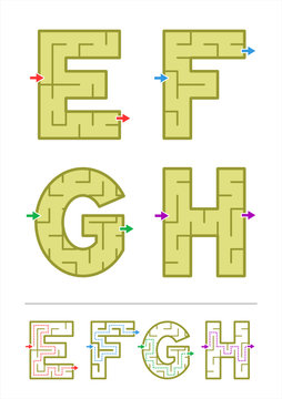 Alphabet maze games E, F, G, H with answers
