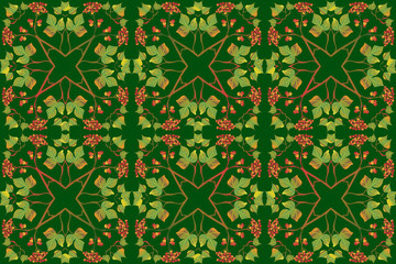 Seamless geometric autumn pattern with leaves and rowan