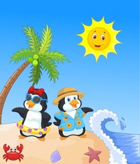 Obraz premium Cute cartoon penguin in summer holiday