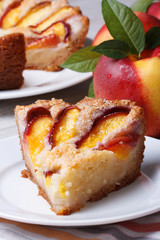 Slice of peach pie on a white plate vertical