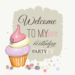 Birthday card, cute cupcake, fruits and Welcome text