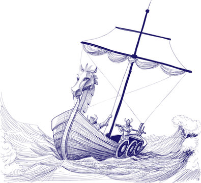 Long boat drakkar pencil drawing