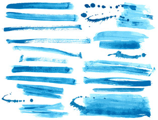 Watercolor blue ink brush strokes collection - obrazy, fototapety, plakaty